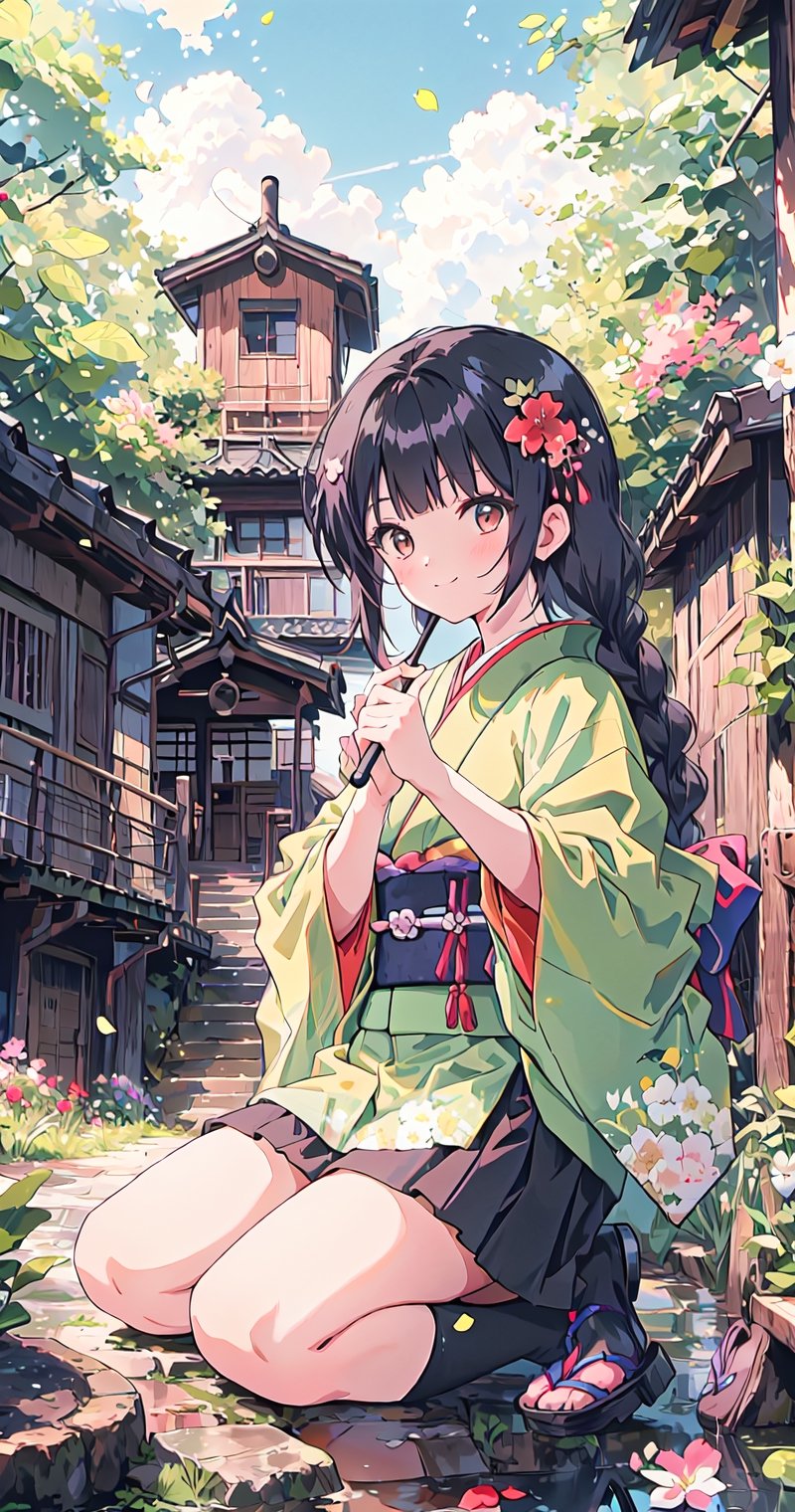 1girl, solo, long hair, looking at viewer, blush, smile, bangs, black hair, hair ornament, long sleeves, holding, sitting, closed mouth, full body, braid, flower, outdoors, japanese clothes, hair flower, wide sleeves, blunt bangs, kimono, blurry, tree, sash, petals, umbrella, obi, floral print, sandals, cherry blossoms, lantern, stairs, holding umbrella, tabi, oil-paper umbrella, black kimono, paper lantern