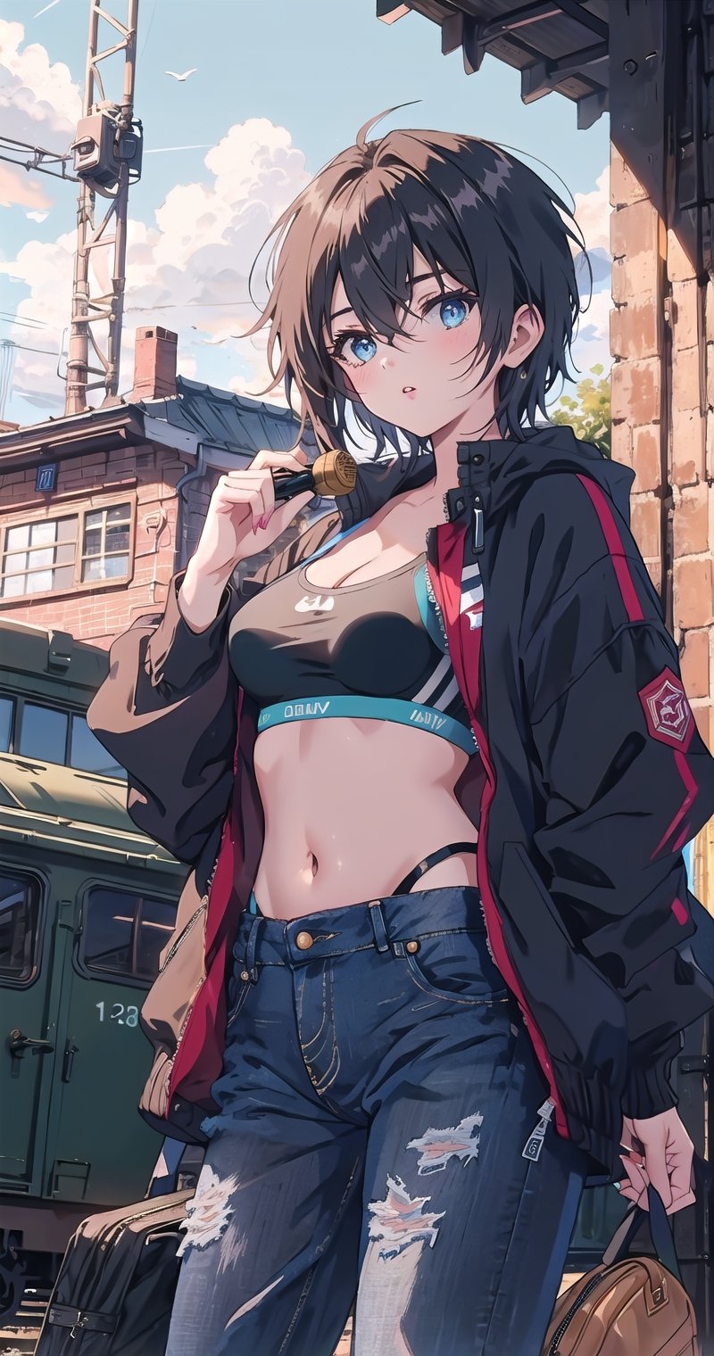 1girl, solo, breasts, looking at viewer, short hair, blue eyes, navel, cleavage, hair between eyes, medium breasts, jacket, cowboy shot, parted lips, open clothes, midriff, pants, open jacket, lips, crop top, denim, ground vehicle, motor vehicle, jeans, sports bra, car, train station