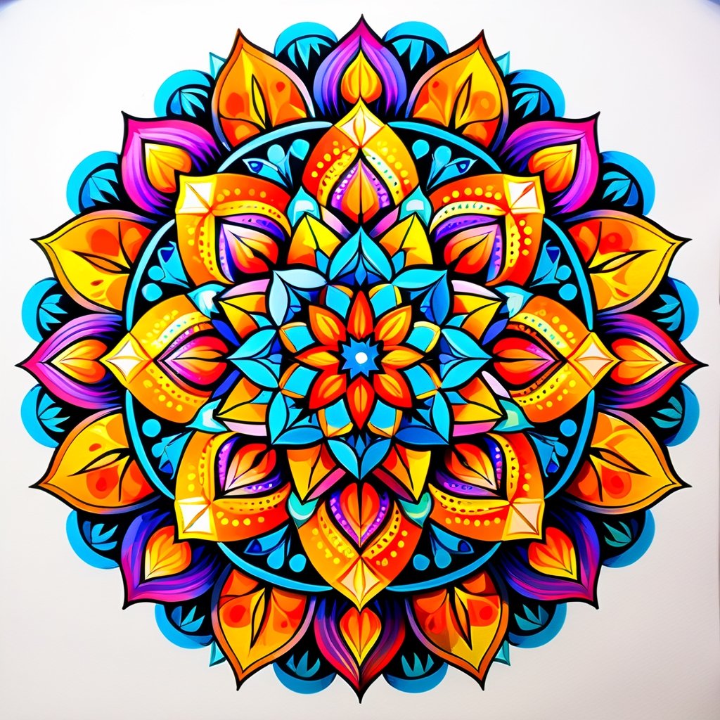 A mesmerizing mandala with intricate geometric patterns that radiate outwards from a central focal point. Use a vibrant color palette and a detailed art style