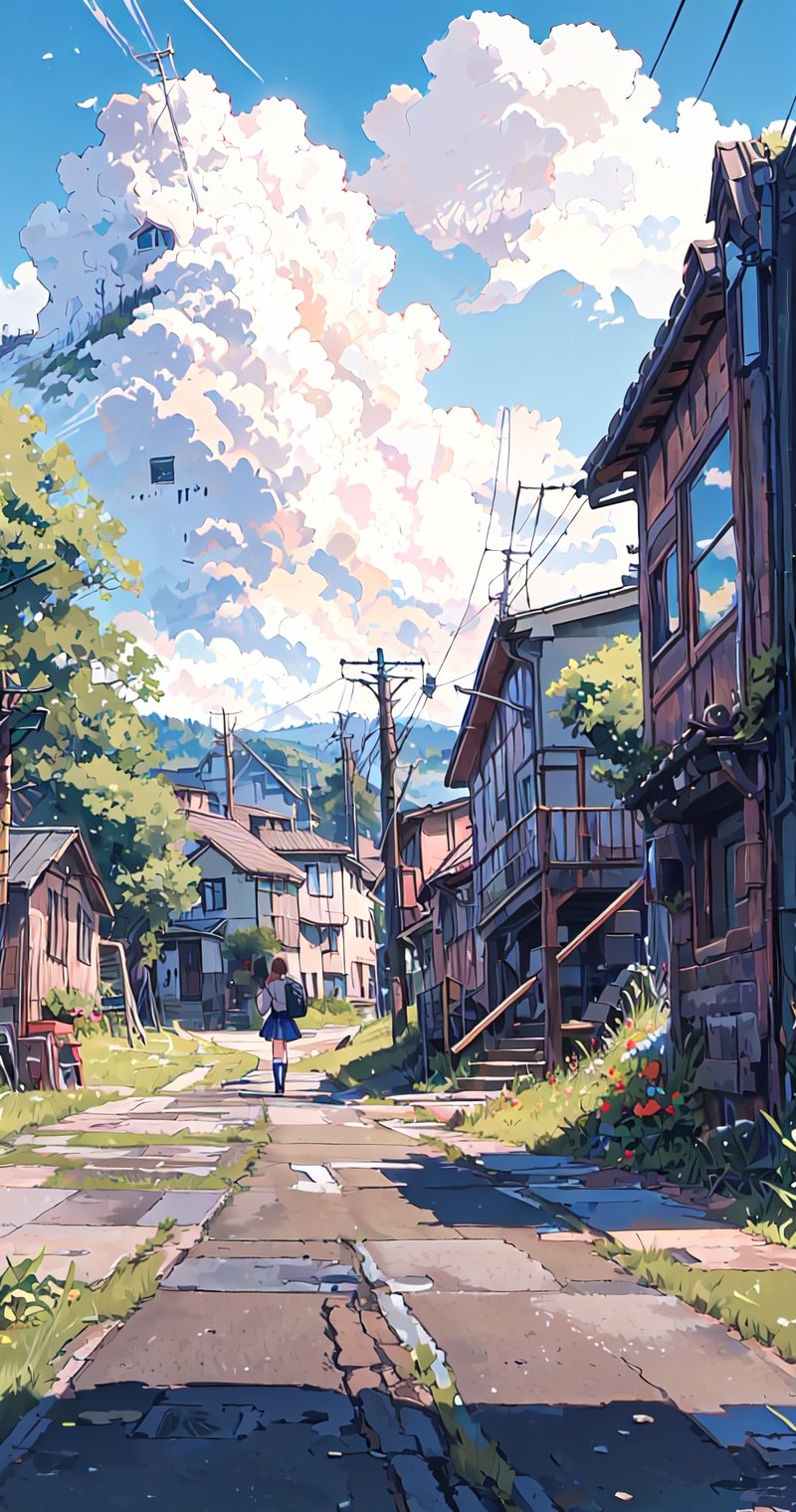 1girl, solo, skirt, brown hair, long sleeves, standing, jacket, boots, outdoors, sky, day, socks, cloud, bag, from behind, scarf, tree, blue sky, kneehighs, brown footwear, backpack, grass, plant, building, scenery, walking, facing away, potted plant, road, house, power lines, utility pole