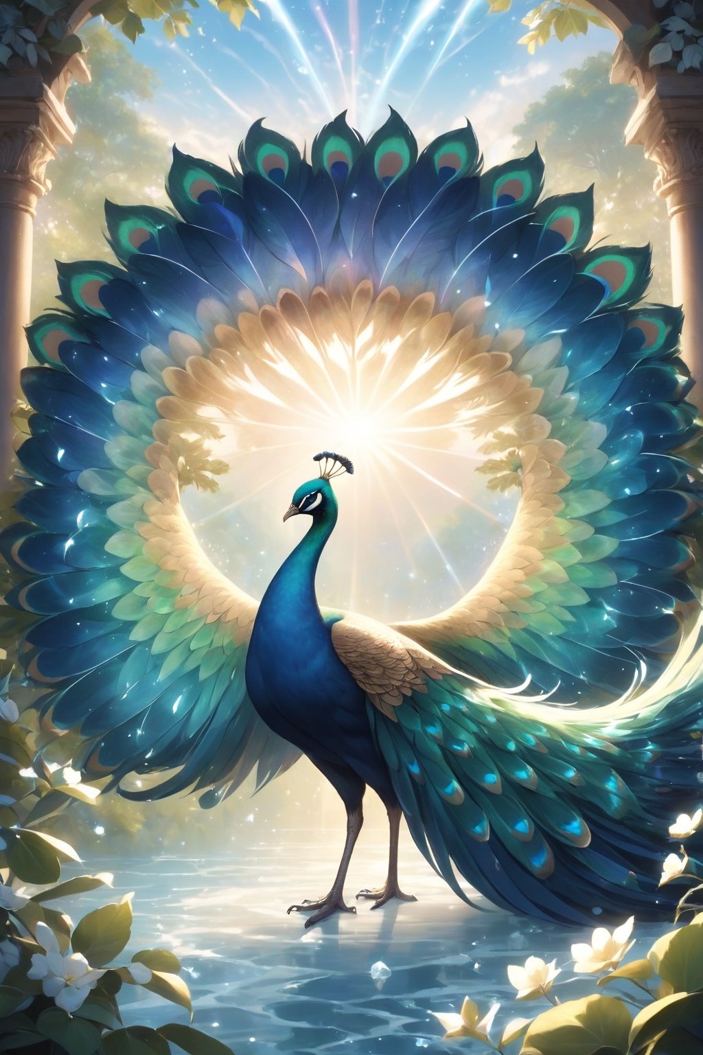 Embark on a visual journey inspired by the iconic style of National Geographic, where the breathtaking beauty of nature unfolds in an image generated to showcase a resplendent peacock with its majestic feathers unfurled. Picture an idyllic natural setting, bathed in soft sunlight, as the peacock stands at the heart of this captivating scene. Its iridescent feathers, a stunning array of blues, greens, and golds, spread wide in a display of ethereal magnificence. The intricate patterns and hues create a mesmerizing contrast against the backdrop of lush foliage, underscoring the peacock's regal elegance. This image invites viewers to marvel at the awe-inspiring allure of this enchanting creature in a moment frozen in time.