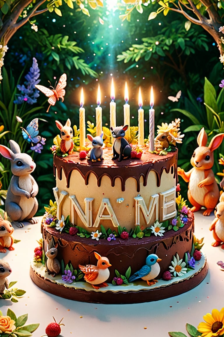  (((cinematic title text "YOUR_NAME"))), elegant and simple font, 
A beautiful garden is decorated for a children party.
a big birthday cake has lit candles on top,
leaves and flowers decorating in a harmonius yet natural wild way, ((small cute animated animals gather to celebrate around the cake, mammals, birds,  reptiles)), 
whimsical magic, glitter