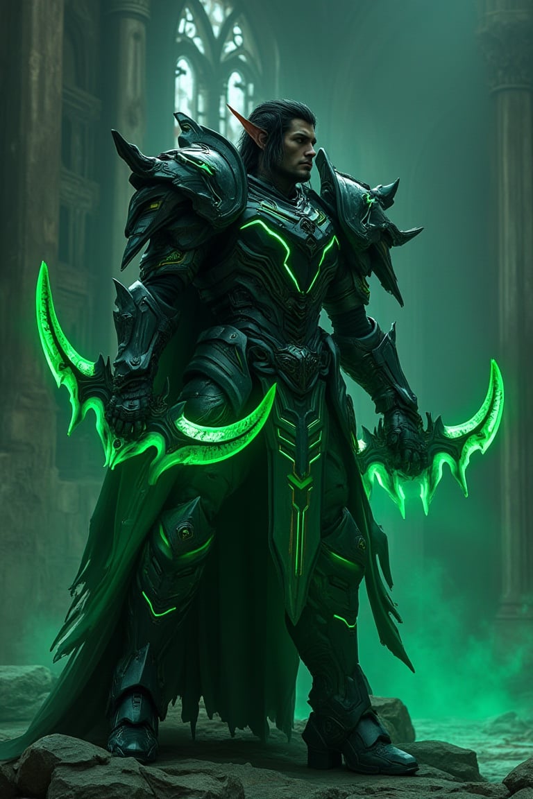 war twin blades : An elf clad in black titanium mecha armor with massive emperor-like shoulders, glowing green neon accents, stands with fight confidently in a dark, broken castle. His black hair contrasts against the vivid neon light reflecting off the twin war blades gripped with arrogance. Soft light filters through shattered windows, casting dramatic shadows across the scene. The metallic gleam of the armor, the cold stone surroundings, and eerie green hue enhance the mood of desolation and dominance., (cyborg, mecha, twin blades),cyborg 