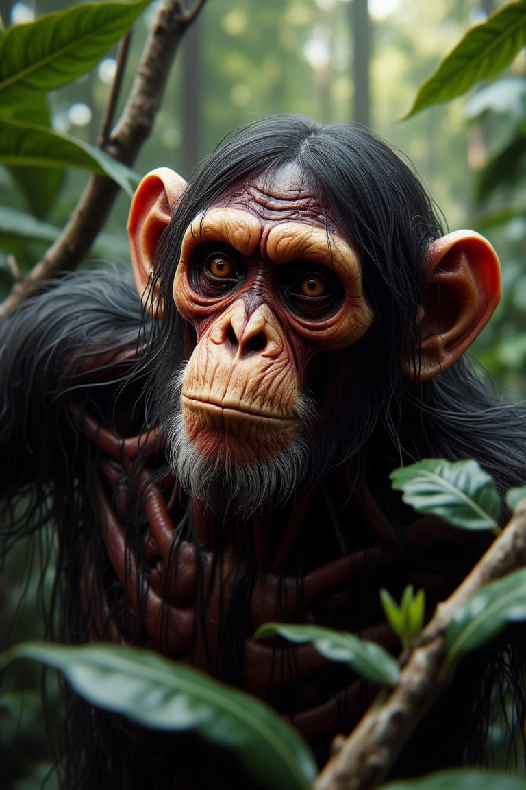 A close-up shot of a curious chimpanzee, its fur matted with dirt, eyes wide with wonder. The ape is perched on a thick tree branch, surrounded by dense jungle foliage. The lighting is natural, filtered through the canopy, casting dappled shadows on the animal's face. The composition is centered, with the ape's expressive face taking focus, framed by the vibrant green leaves.,crimson muscles and veins inner intricate render,cycles 4d render,CryEngine 7 optimization,ambient occlusion,7d Unreal Engine 12 textured,124k ultra HD Resolution