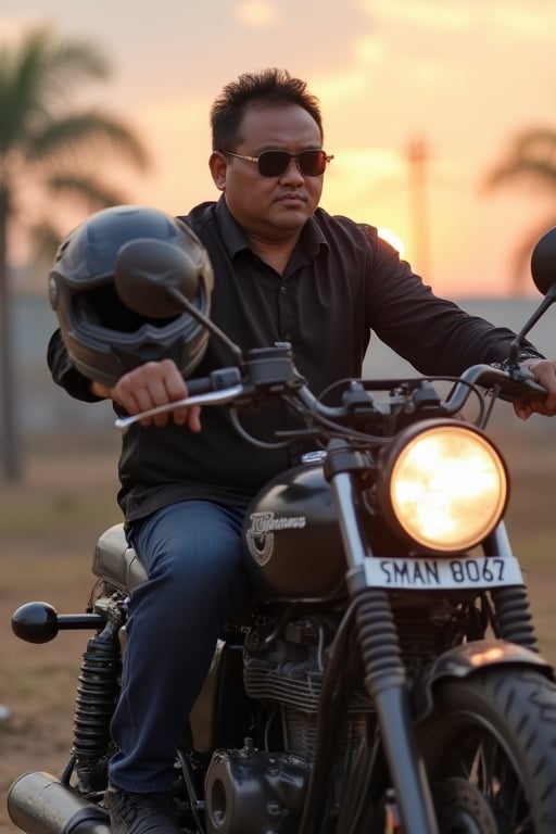 realistic photography, 8k HD malay guy malay guy age 40, rectangular glasses,as spawn, holding spoken helmet and badass motorbike, apocalypse day background