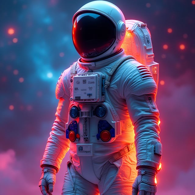 standing elegantly. space suit, Google, vibrant colour, galactic background