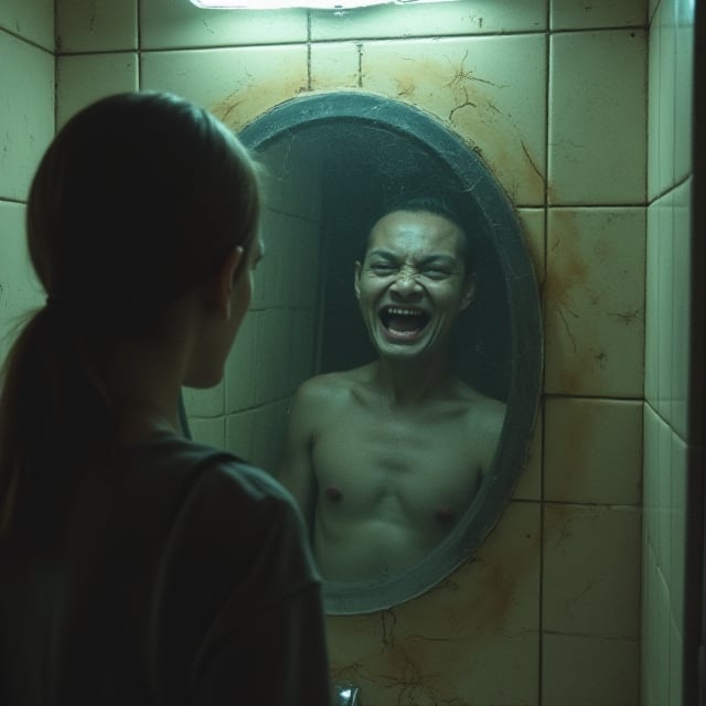 A person stands in front of a dusty, cracked mirror in a bathroom. As they look into the mirror, their reflection doesn't move in sync with them. Suddenly, a creepy ghostly face appears behind them, and their reflection smiles menacingly, even though they aren't smiling.