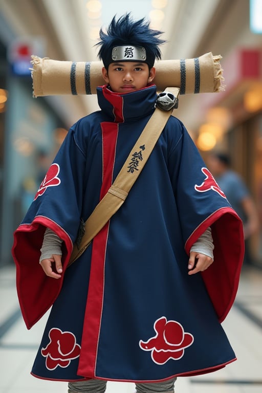 pixar style photography of anime character cosplayer , malay guy age 40, with high contrast and moderate saturation, standing in a front-facing pose. The character wears a large, navy blue cloak adorned with red cloud symbols outlined in white. The cloak features a high collar that covers most of the face, with a crimson red trim running vertically down the center and inside the sleeves. A light beige strap with a metal buckle crosses diagonally over the chest from left shoulder to right hip. The character's face is partially visible, showing a determined expression with slightly furrowed eyebrows, wide eyes, and a slight frown. A silver metallic headband with a reflective plate displaying the Uchiha symbol covers the forehead. The character has spiky dark blue hair styled upwards. Their feet are wrapped in white bandages extending from just below the knees to above the ankles. They wear charcoal gray sandals with white soles, featuring thick tread patterns for grip. A tan staff with a crisscross pattern of lines and a small skull at its tip is held diagonally over their right shoulder. On his back, a large off-white scroll or tapestry with horizontal black stripes is wrapped around the left arm. Inside the cloak, light gray pants are visible. inside mall background, bokeh