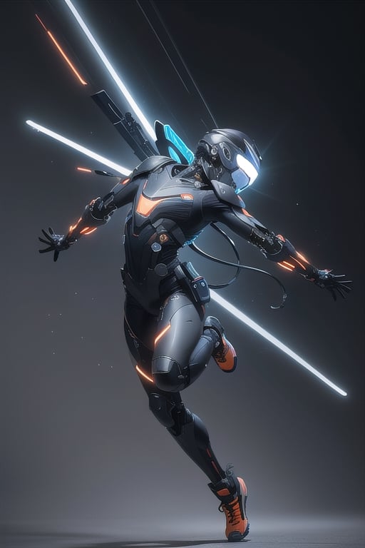 "Generate an full body shot image of a futuristic cipanzi warrior, clad in sleek cybernetic armor that combines orange and silver hues. The armor should have a streamlined, aerodynamic design, with a distinctive jetpack mounted on the back of the body. The jetpack should be sleek and futuristic, with a subtle glow emanating from the thrusters. Cipanzi's face should be obscured by a sleek, angular helmet with a tinted visor. The helmet should feature a square monocle glass with a futuristic headset integrated into the design. The overall aesthetic should be one of high-tech sophistication and futuristic coolness. The background should be a dark, gradient-filled space, with subtle starlight and nebulae in the distance. The image should be rendered in a vibrant, high-contrast color palette, with bold lines and textures that evoke a sense of dynamic movement and energy."