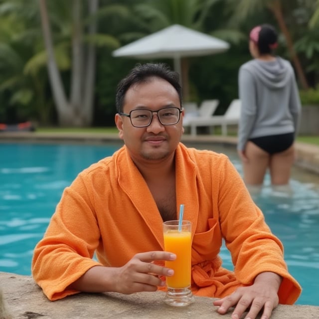 full length realistic photography, malay guy age 40,rectangular glasses, wear orange bath robe, rest beside pool with orange juice in his hand, smiling. text "pagi gaisss" display. there a woman with grey hoodie jacket, ready to jump into the pool in the baxkground