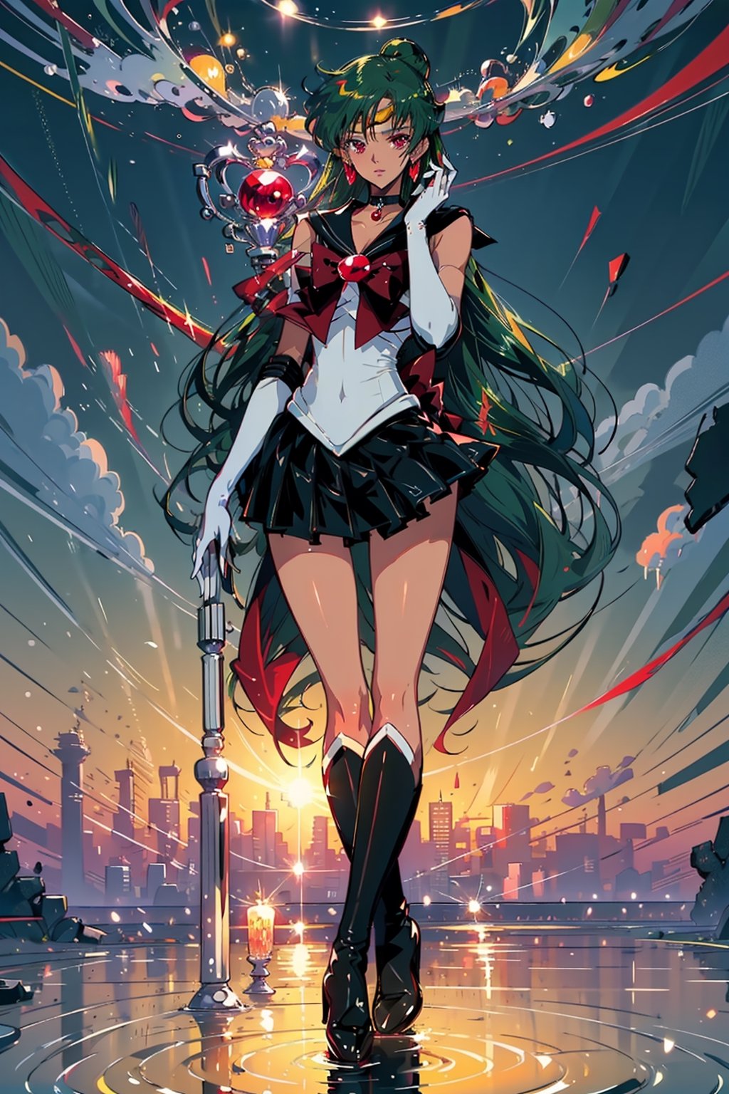(masterpiece,  best quality),  shiny skin,  lustrous skin,  1girl,  solo,  meiou setsuna,  long hair,  single hair bun,  green hair,  red eyes,  very long hair,  tanned female,  thighs,  skirt,  choker,  sailor senshi uniform,  jewelry,  gloves,  earrings,  white gloves,  bow,  sailor collar,  elbow gloves,  circlet,  red bow,  black skirt,  black choker,  pleated skirt,  miniskirt,  brooch,  back bow,  black sailor collar, black knee boots, sailor pluto, surrounded by ancient ruins, dreamy expression, garnet rod in hand, full body view