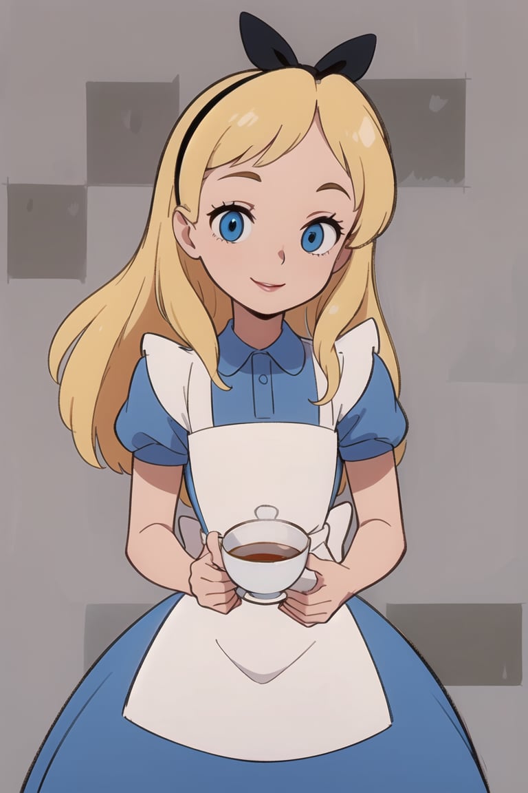 (masterpiece:1.4), (best qualit:1.4), (high resolution:1.4), alice liddell, blue dress, white apron, black hairband, dreamy smile, brown checkerboard background, teacups, teapots, clocks