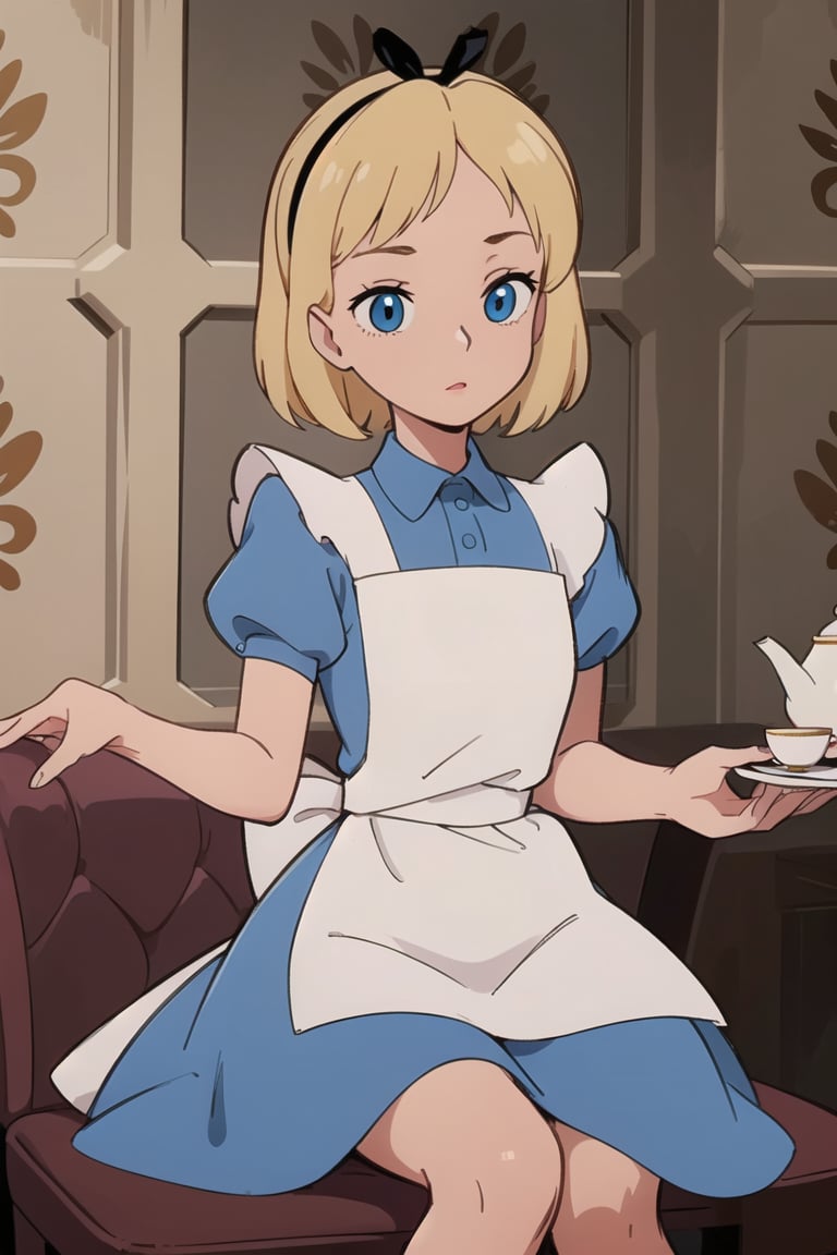 (masterpiece:1.4), (best qualit:1.4), (high resolution:1.4), alice liddell, blue dress, white apron, black hairband, brown Victorian wallpaper in background, tea party, sitting at wooden table