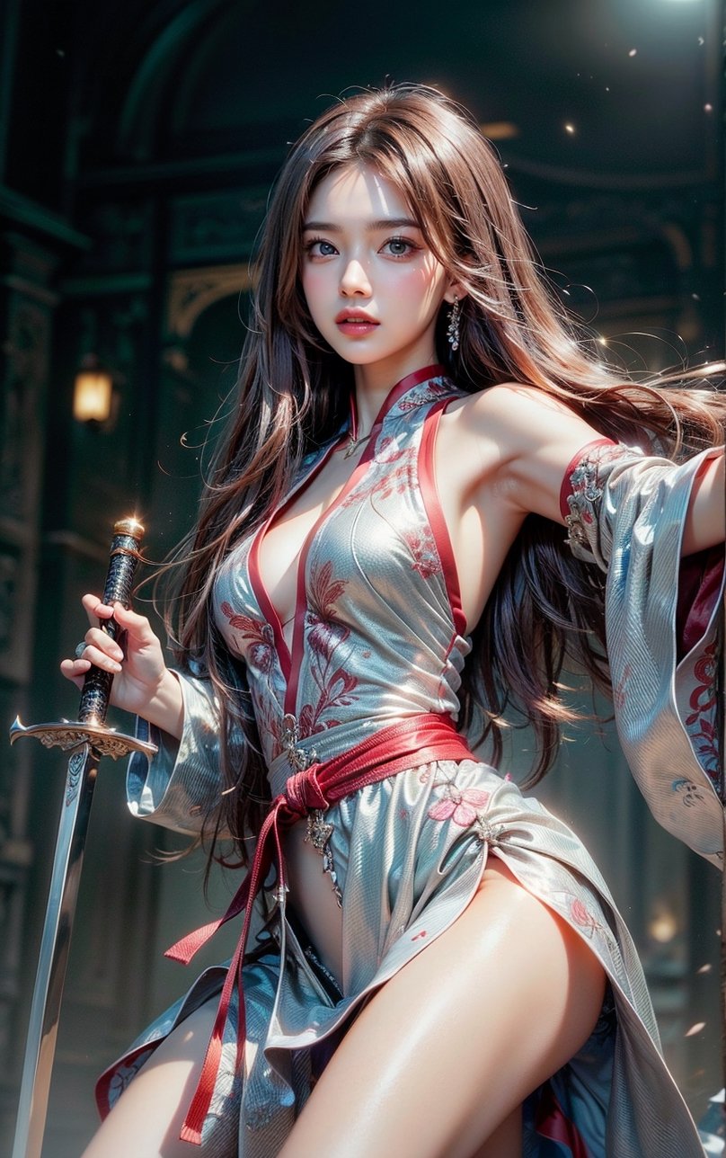 GIRL WARRIOR, best quality, masterpiece, beautiful and aesthetic, 16K, (HDR:1.4), high contrast, (vibrant color:0.5), (muted colors, dim colors, soothing tones:1.3), Exquisite details and textures, cinematic shot, Cold tone, (Dark and intense:1.2), wide shot, ultra realistic illustration, siena natural ratio, Art by Luis Royo and Gustave Moreau, (MARTIAL ART POSE:1.4)
(extreamly delicate and beautiful:1.2), (tmasterpiece, best:1.2), (LONG WHITE HAIR GIRL), (PERFECT SYMMETRICAL RED EYES:1.3), a long_haired girl, cool and determined, evil gaze, (wears red and white hanfu:1.2), (holding sword, figthing attacking pose:1.4) and intricate detailing, finely eye and detailed face, Perfect eyes, Equal eyes, Fantastic lights and shadows、finely detail,Depth of field,,cumulus,wind,insanely NIGHT SKY,very long hair,Slightly open mouth, long SILVER-WHITE hair,slender waist,,Depth of field, angle ,contour deepening,cinematic angle ,Enhance YEN2