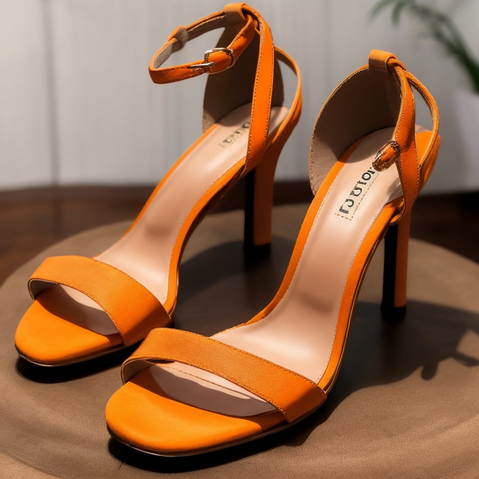 High heels sandals, orange shoes, close up, no humans, simple background, photo, realistic, indoors, simple background, indoors, on table