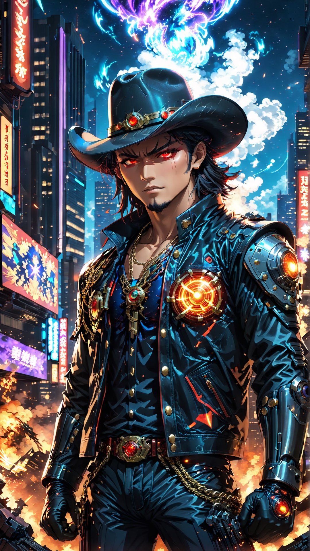 A captivating anime illustration of (lucky luck the lonesome cowboy:1.5), transformed into a super powerful and mystic creature. His eyes are filled with energy and power, with a captivating aura surrounding his body. He stands tall, confidently posing with his hands on his hips. The background includes a cinematic cityscape, with towering buildings and a setting sun. The overall atmosphere of the scene is a blend of action and fantasy, with a touch of drama., illustration, cinematic, anime