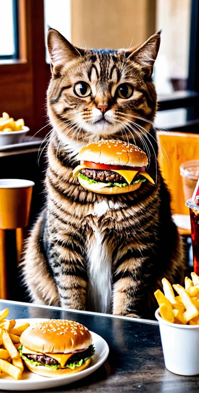 A cat sits on table and lowering his head to eat a humburger with fries that is sitting on a plate and a cup of soft drink on the side, meme