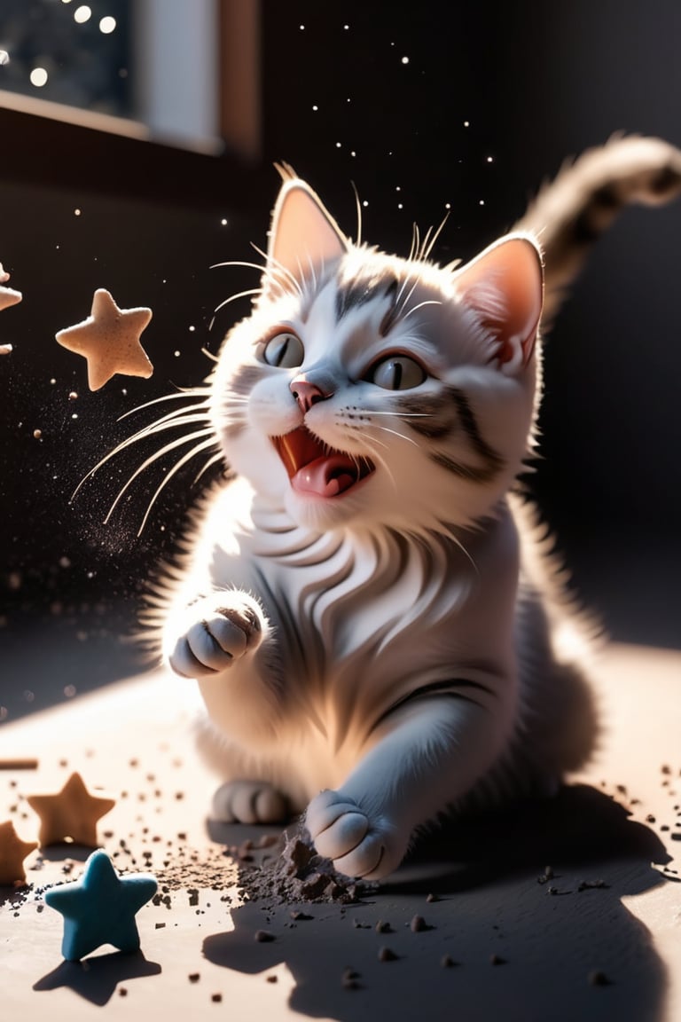 A cat is playing with clay and making many stars
, Photography, Best Quality, Medium Shot, 9:16