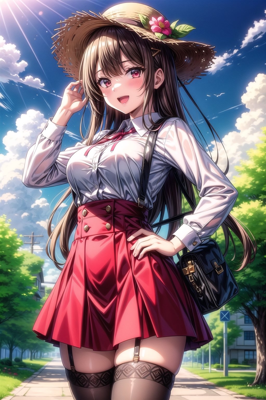 1girl, solo, long hair, breasts, looking at viewer, blush, smile, open mouth, bangs, skirt, large breasts, brown hair, shirt, hair ornament, red eyes, thighhighs, long sleeves, hat, bow, ribbon, holding, very long hair, standing, white shirt, flower, :d, sidelocks, thighs, cowboy shot, pleated skirt, outdoors, frills, sky, day, collared shirt, black thighhighs, cloud, bag, tree, blue sky, zettai ryouiki, hand on hip, dress shirt, neck ribbon, buttons, red skirt, garter straps, suspenders, frilled skirt, sun hat, high-waist skirt, straw hat, hat flower, suspender skirt, button gap,pastelbg