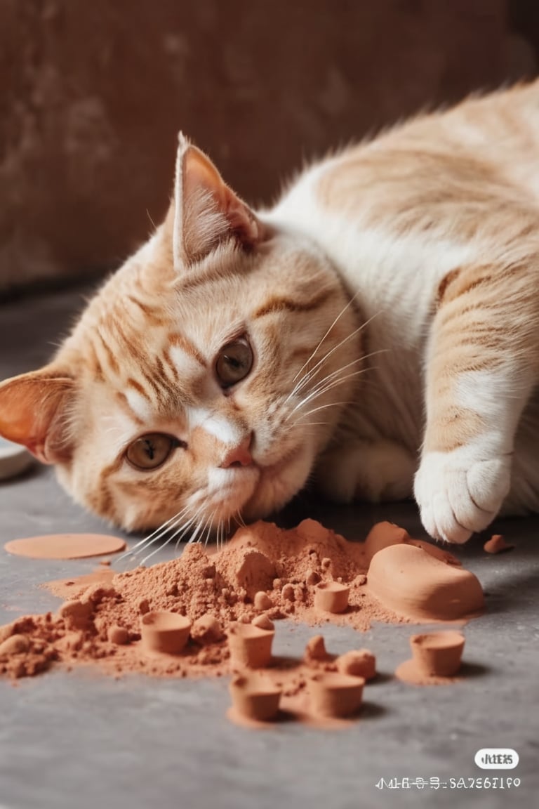 1 cat playing with clay, photography, best quality, medium shot