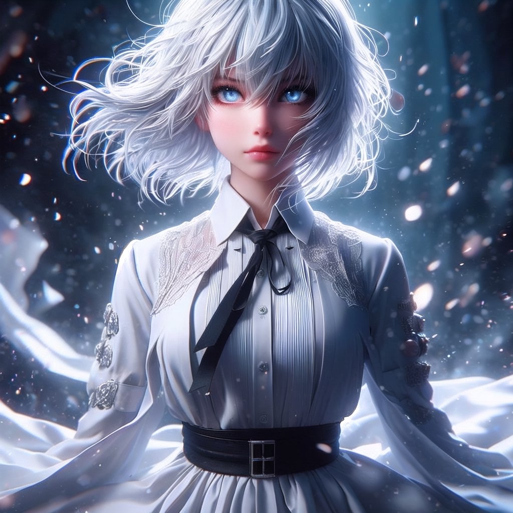 (1girl) Portrait, full body shot, best quality, ultra high resolution, ultra detailed, transparent air , stunning fluid air, detailed, light particles, vivid colors, high contrast tones, extremely detailed lighting, cinematic lighting, soft lighting, (Masterpiece, High Quality: 1.4), (Ken Kaneki, gray hair, white hair , blue eyes, white clothes, ), black bottom, thrilling, (fierce face), Kaneki