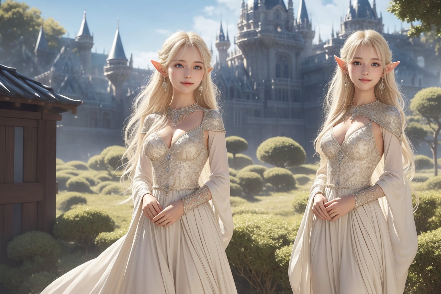 royal dress, half body view, low skirt, straight camera from front, cowboy photoshoot, eye level shoot, front shoot, 1 girl, very  large breast, very bright backlighting, solo, {beautiful and detailed eyes}, dazzling light, calm expression, natural and soft light, platinum blonde hair blown by the breeze, delicate facial features, Blunt bangs, beautiful korean girl, eye smile, very small earrings, 16yo, film grain, realhands, shy smile,Realism, looking towards me, body towards me, oudside, fantasy landscape, fantasy background, elven, crystal, friendly setting, elegant buildings, elven like buildings, fantays city, arcs,masterpiece,breasts