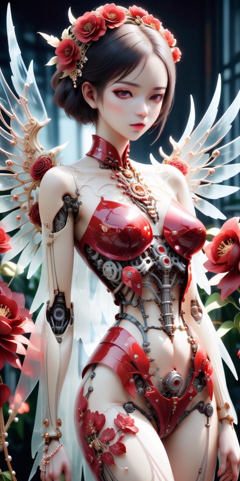 1 girl, body constructed by intricate transparent color glass skeleton and mechanical parts and also covered by red flowers,  
pearls, fashion, mechanical wings, unreal engine, masterpiece, Leica M6,Tamron 70-200 mm,70 mm, f/1.8.,Vibrant colors palettes