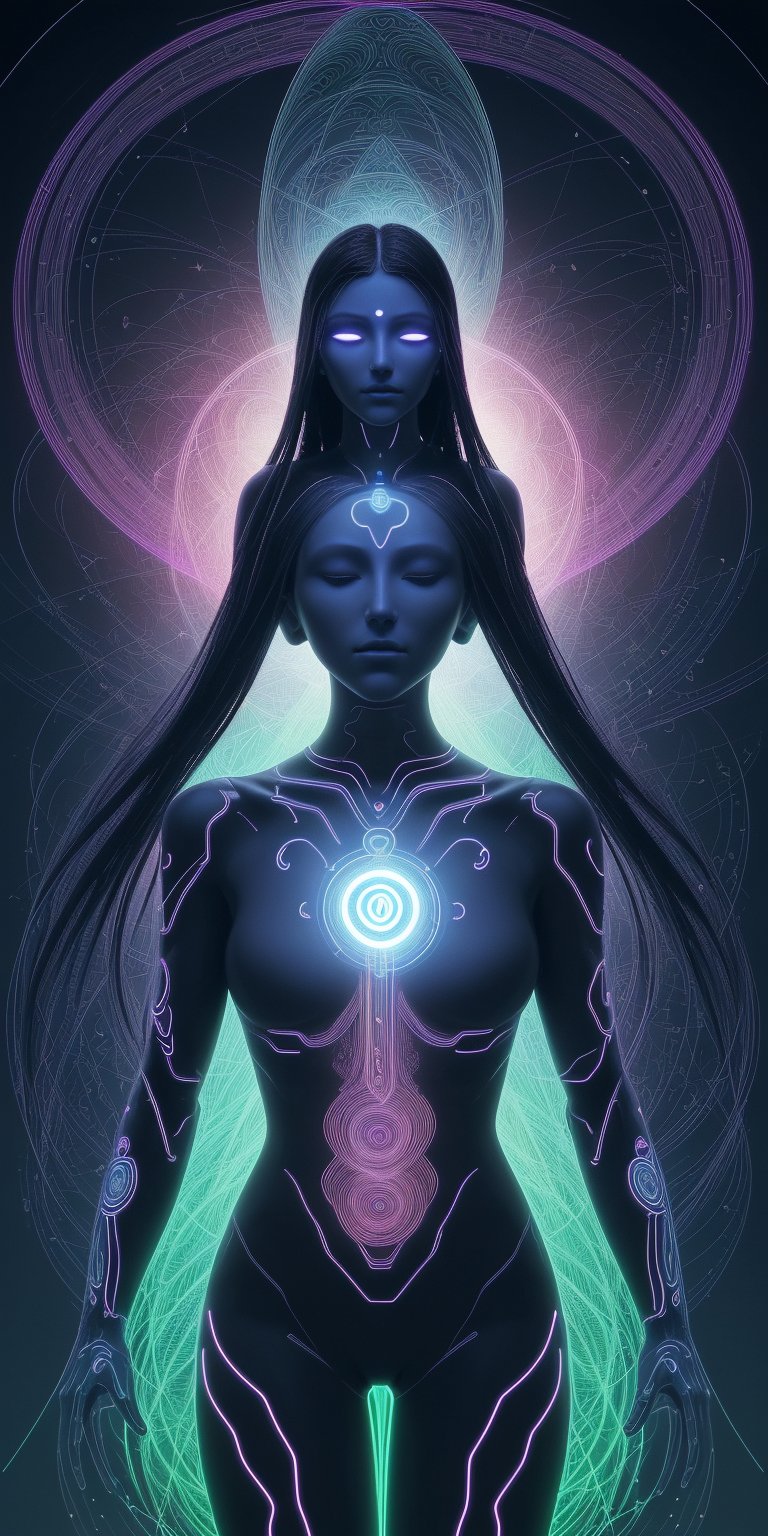 This is a digital art piece by artist Algomystic. The composition centers on a futuristic, glowing, humanoid figure in a meditation pose. The figure is composed of intricate patterns and symbols that glow in neon colors. The background features a dark, digital matrix with various symbols and codes cascading vertically. The overall style evokes a fusion of cyber technology and spirituality, presenting a harmonious blend of the organic and the digital. The visually rich details invite contemplation on the intersection of human consciousness and digital evolution.