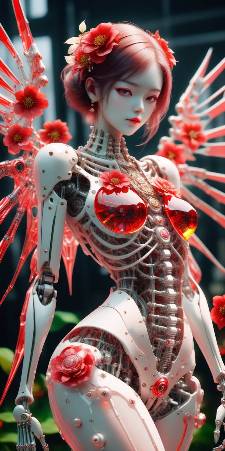 1 girl, body constructed by intricate transparent color glass skeleton and mechanical parts and also covered by red flowers,  
pearls, fashion, mechanical wings, unreal engine, masterpiece, Leica M6,Tamron 70-200 mm,70 mm, f/1.8.,Vibrant colors palettes,girl,cyborg style