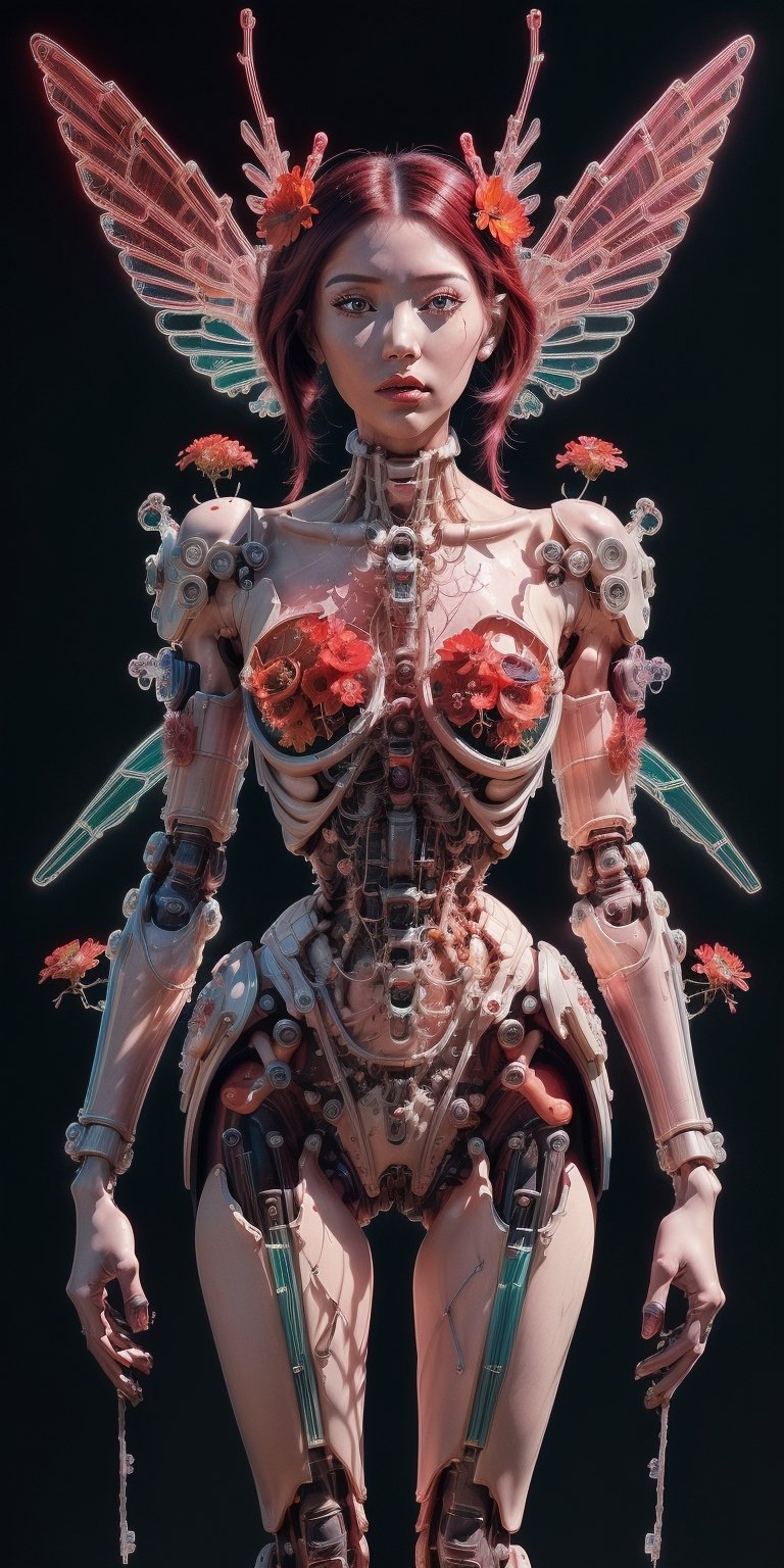 1 girl, body constructed by intricate transparent color glass skeleton and mechanical parts and also covered by red flowers,  
pearls, fashion, mechanical wings, unreal engine, masterpiece, Leica M6,Tamron 70-200 mm,70 mm, f/1.8.,Vibrant colors palettes,girl,cyborg style,Animecartoon mix