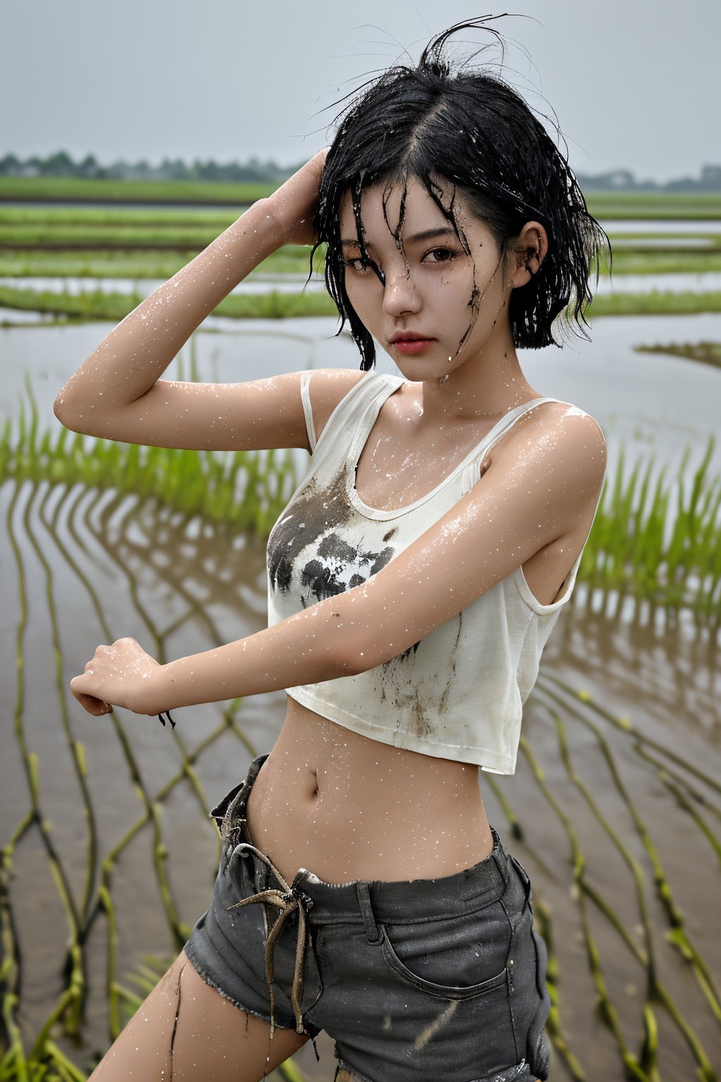 Taiwanese girl,18-year-old, cute and pure, gorgeous, short black hair, messy hair, long eyelashes, wearing short tank, midriff, short pants, in a paddy field, operate a plow machine, mud splashes, mud stains clothes, body and face, masterpiece, realistic photo, high details, dirty clothes, sunlight shines, sweating, wetted self, windy, hair flying, transparent clothes, wetted clothes, rags.