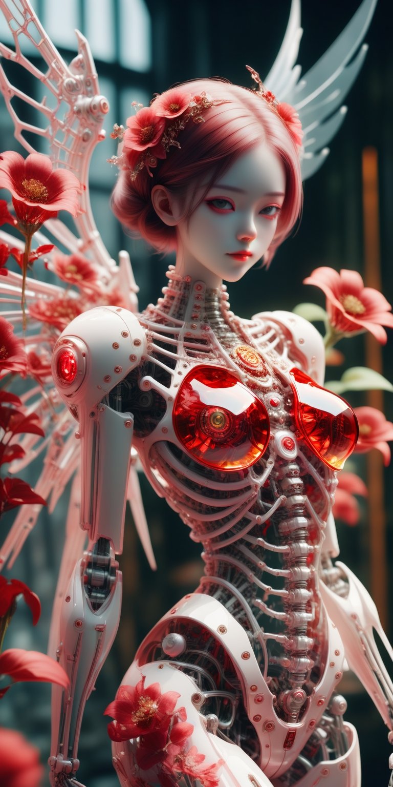 1 girl, body constructed by intricate transparent color glass skeleton and mechanical parts and also covered by red flowers,  
pearls, fashion, mechanical wings, unreal engine, masterpiece, Leica M6,Tamron 70-200 mm,70 mm, f/1.8.,Vibrant colors palettes,girl,cyborg style