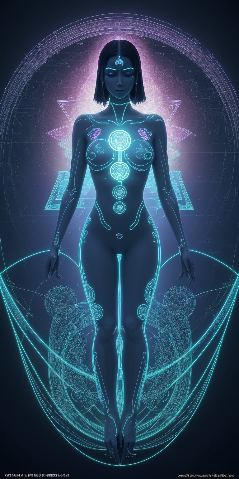 This is a digital art piece by artist Algomystic. The composition centers on a futuristic, glowing, humanoid figure in a meditation pose. The figure is composed of intricate patterns and symbols that glow in neon colors. The background features a dark, digital matrix with various symbols and codes cascading vertically. The overall style evokes a fusion of cyber technology and spirituality, presenting a harmonious blend of the organic and the digital. The visually rich details invite contemplation on the intersection of human consciousness and digital evolution.