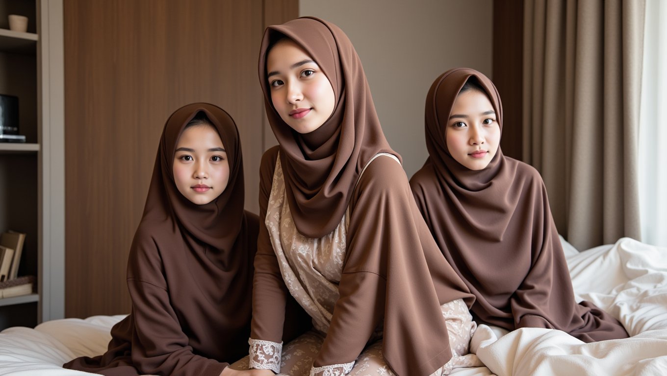 (three brown indonesian girl, hijab, sheer nightgown, lounge background),