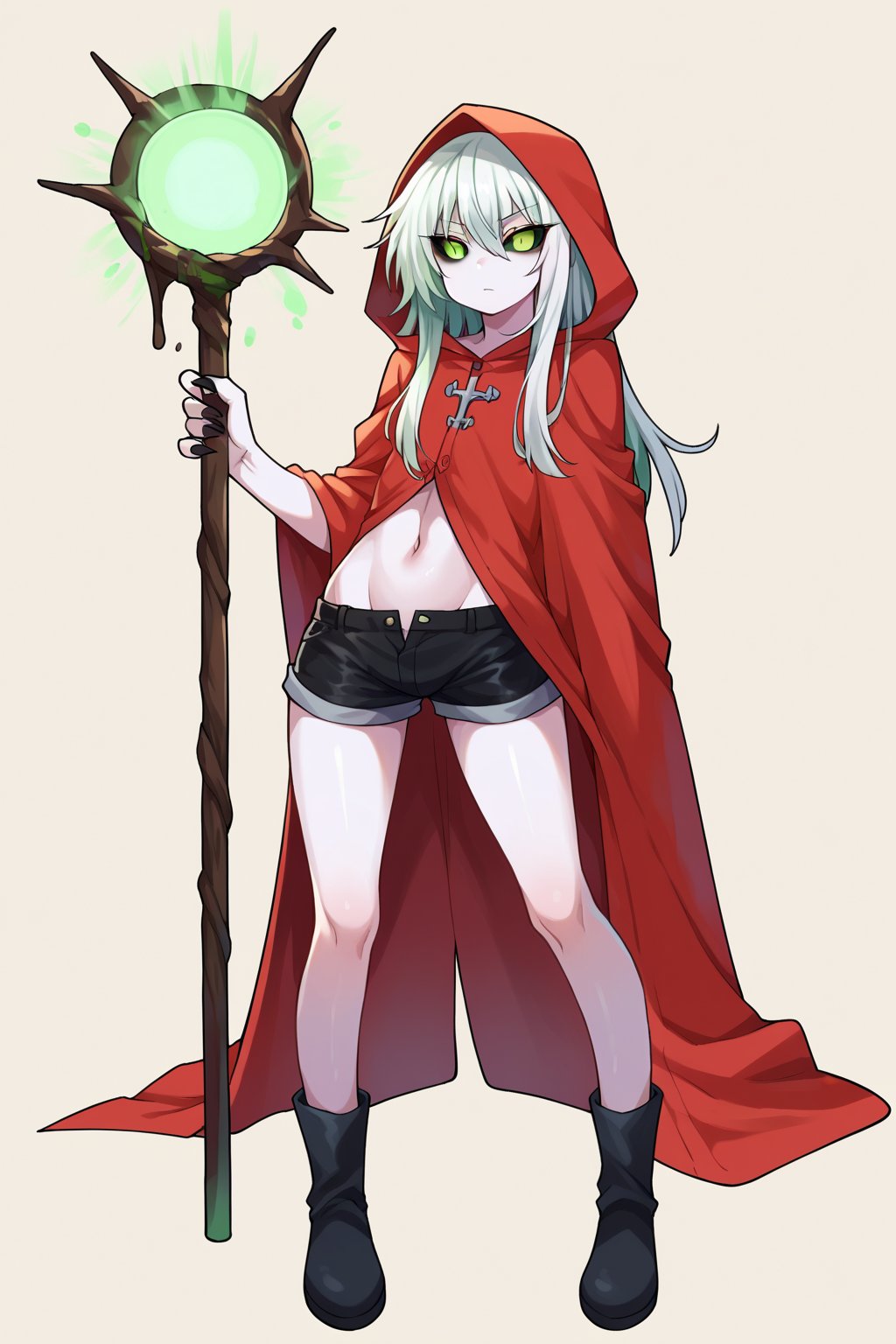 score_9, score_8_up, score_7_up, score_6_up, score_5_up, score_4_up, Loli, skinny, slim build, Yaga, white hair, long hair, disheveled hair, dirty hair, colored skin, dark gray skin, green eyes, scarlet hair tips, acid green sclera, acid green eyes, eyes, eyes shining with green magic, eyes shining with acid green light, no pupils, no iris, empty eyes, no mouth, no lips, faceless face, scarlet cloak, simple cloak, ragged at the edges of the cloak, hood thrown over, straight posture, sharp fingers, black nails, small claws, bulging hips, sexy hips, flaunting hips, wooden staff, simple staff, the staff is clenched in the right hand, the staff rests with the heel on the ground, a full-length panorama of the body, playing position, simple black shorts, fabric shorts, contrast,

,