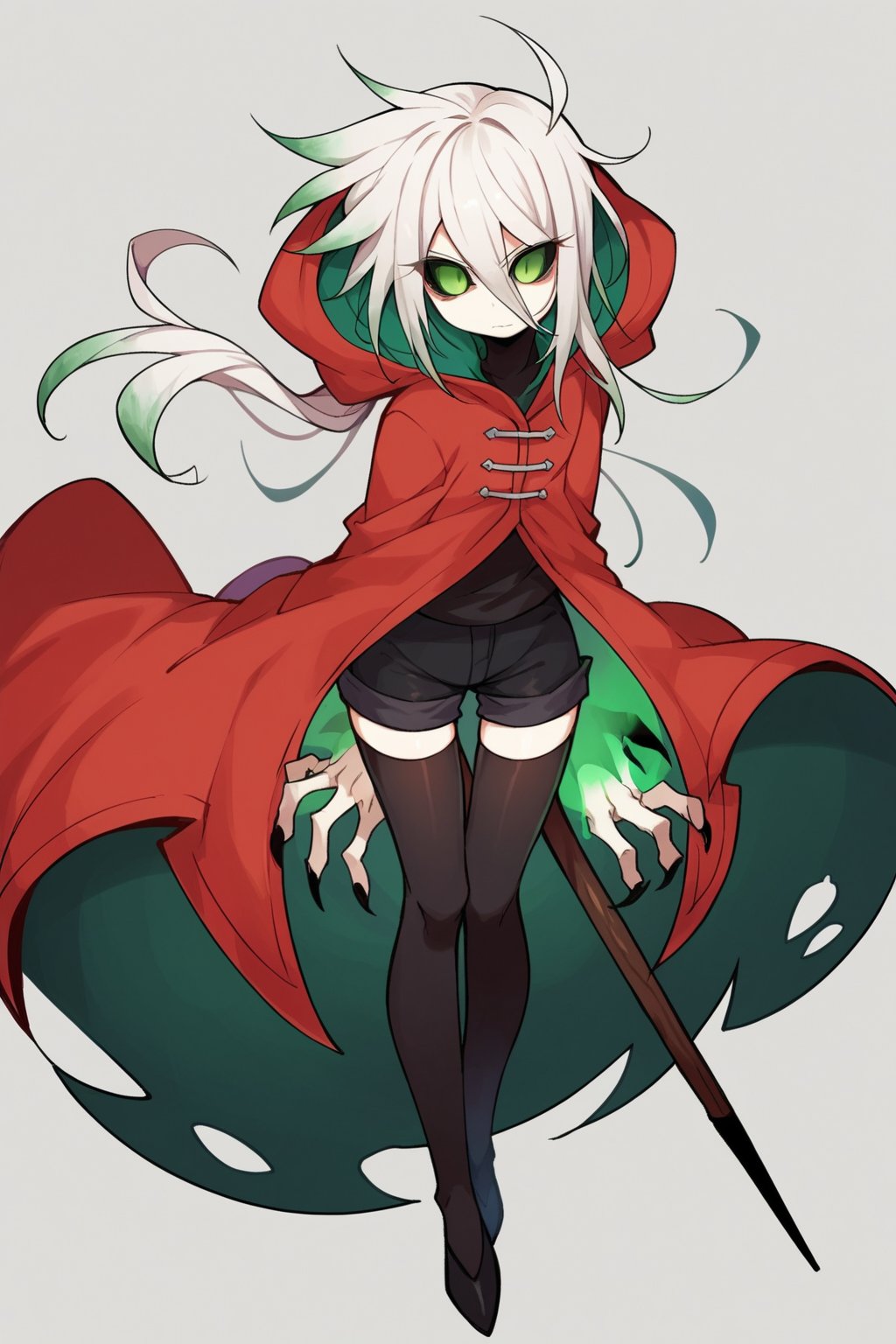 score_9, score_8_up, score_7_up, score_6_up, score_5_up, score_4_up, Loli, skinny, slim build, Yaga, white hair, long hair, disheveled hair, dirty hair, colored skin, dark gray skin, green eyes, scarlet hair tips, acid green sclera, acid green eyes, eyes, eyes shining with green magic, eyes shining with acid green light, no pupils, no iris, empty eyes, no mouth, no lips, faceless face, scarlet cloak, simple cloak, ragged at the edges of the cloak, hood thrown over, straight posture, sharp fingers, black nails, small claws, bulging hips, sexy hips, flaunting hips, wooden staff, simple staff, the staff is clenched in the right hand, the staff rests with the heel on the ground, a full-length panorama of the body, playing position, simple black shorts, fabric shorts, contrast,

,