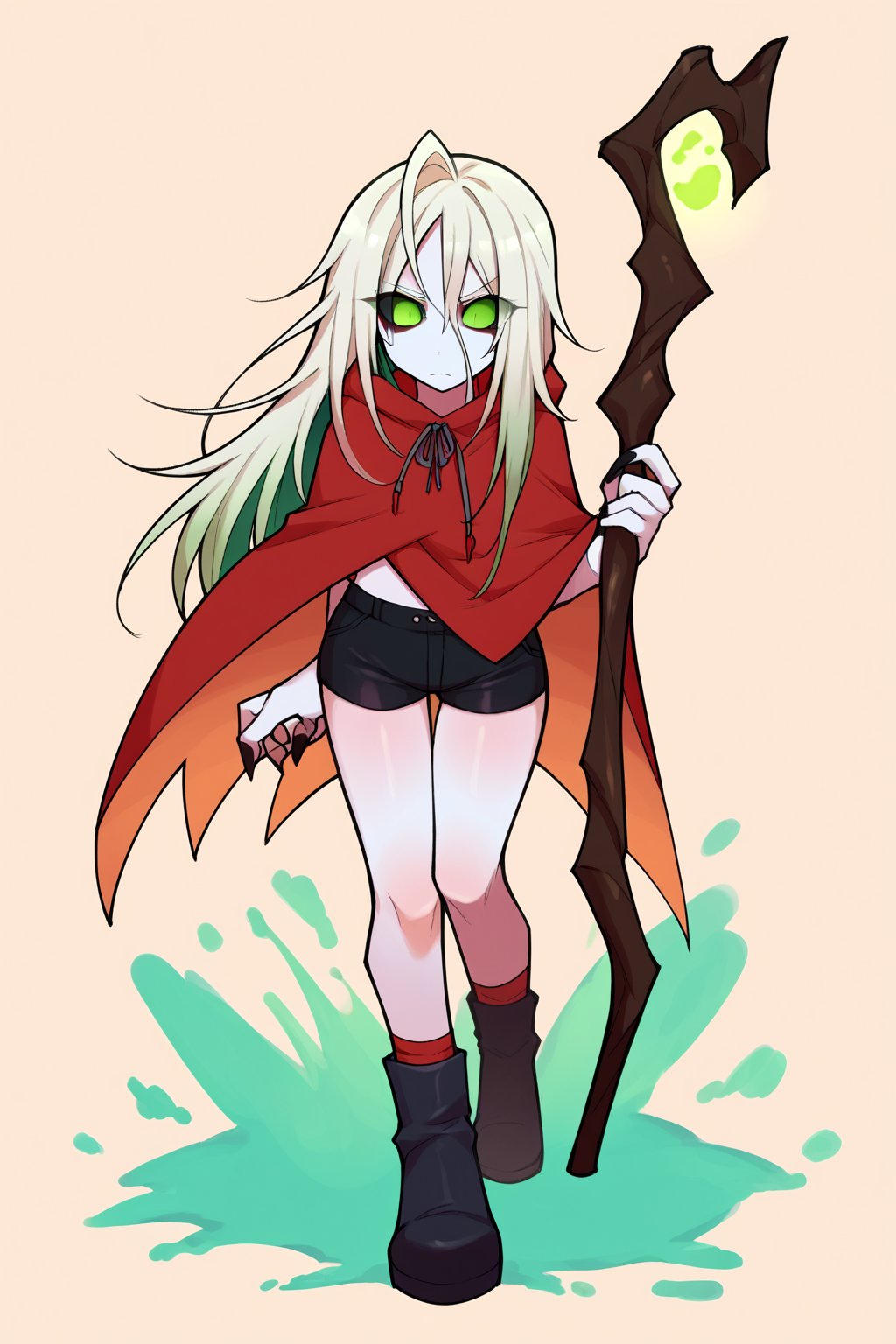 score_9, score_8_up, score_7_up, score_6_up, score_5_up, score_4_up, Loli, skinny, slim build, Yaga, white hair, long hair, disheveled hair, dirty hair, colored skin, dark gray skin, green eyes, scarlet hair tips, acid green sclera, acid green eyes, eyes, eyes shining with green magic, eyes shining with acid green light, no pupils, no iris, empty eyes, no mouth, no lips, faceless face, scarlet cloak, simple cloak, ragged at the edges of the cloak, hood thrown over, straight posture, sharp fingers, black nails, small claws, bulging hips, sexy hips, flaunting hips, wooden staff, simple staff, the staff is clenched in the right hand, the staff rests with the heel on the ground, a full-length panorama of the body, playing position, simple black shorts, fabric shorts, contrast,

,