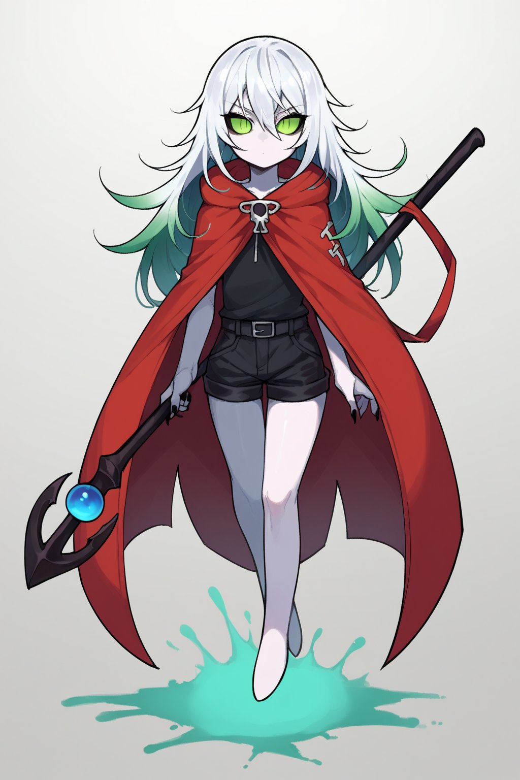 score_9, score_8_up, score_7_up, score_6_up, score_5_up, score_4_up, Loli, skinny, slim build, Yaga, white hair, long hair, disheveled hair, dirty hair, colored skin, dark gray skin, green eyes, scarlet hair tips, acid green sclera, acid green eyes, eyes, eyes shining with green magic, eyes shining with acid green light, no pupils, no iris, empty eyes, no mouth, no lips, faceless face, scarlet cloak, simple cloak, ragged at the edges of the cloak, hood thrown over, straight posture, sharp fingers, black nails, small claws, bulging hips, sexy hips, flaunting hips, wooden staff, simple staff, the staff is clenched in the right hand, the staff rests with the heel on the ground, a full-length panorama of the body, playing position, simple black shorts, fabric shorts, contrast,

,