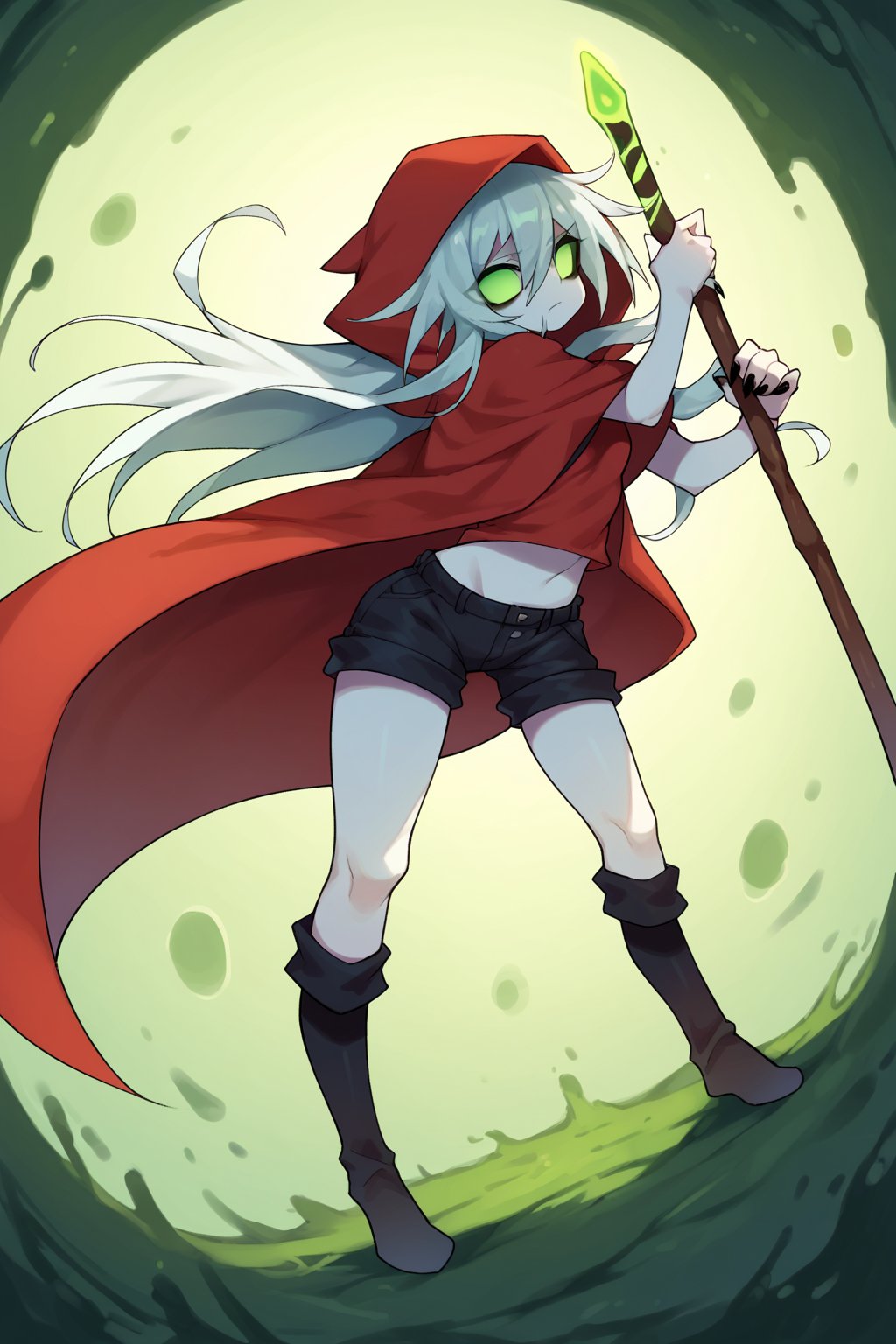 score_9, score_8_up, score_7_up, score_6_up, score_5_up, score_4_up, Loli, skinny, slim build, Yaga, white hair, long hair, disheveled hair, dirty hair, colored skin, dark gray skin, green eyes, scarlet hair tips, acid green sclera, acid green eyes, eyes, eyes shining with green magic, eyes shining with acid green light, no pupils, no iris, empty eyes, no mouth, no lips, faceless face, scarlet cloak, simple cloak, ragged at the edges of the cloak, hood thrown over, straight posture, sharp fingers, black nails, small claws, bulging hips, sexy hips, flaunting hips, wooden staff, simple staff, the staff is clenched in the right hand, the staff rests with the heel on the ground, a full-length panorama of the body, playing position, simple black shorts, fabric shorts, contrast,

,