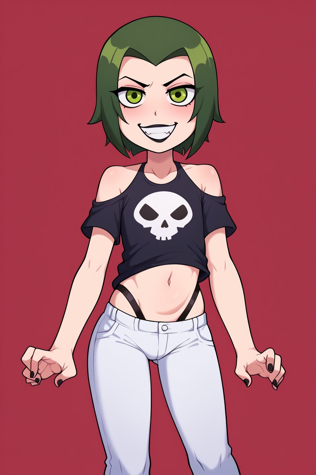 score_9, score_8_up, score_7_up, score_6_up, score_5_up, score_4_up, Loli, girl, skinny, slim build, Shorty, absurdly skinny body, 

Raven, lite skin, green eyes, black-green hair, hair that glows green, short hair, chin-length hair, perfectly straight hairline, perfectly straight bangs, getsugao, baring his teeth, playful expression, evil smile, fun, indifferent expression, emotionless expression, year, skull, skull clip, piercing, black lipstick, black nails, short T-shirt, bare tummy, thin belly, gothic attributes, bare shoulders, thin straps, collarbones, white trousers, tight clothes, bulging hips, sexy hips, flaunting hips, 

playing pose, full body panorama, dark-red background, 

,