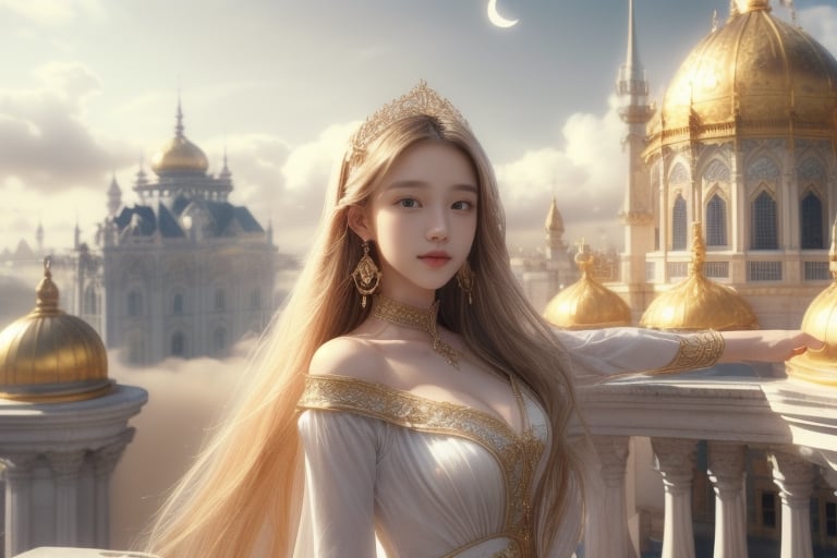 best quality, masterpiece, beautiful and aesthetic, 1 girl, very bright backlighting, solo, {beautiful and detailed eyes}, dazzling moonlight, calm expression, natural and soft light, hair blown by the breeze, delicate facial features, Blunt bangs, beautiful korean girl, eye smile, very small earrings,(,18yo, film grain, realhands, shy smile, Realism, looking towards me, body towards me, fantasy landscape, Full length view, half body view, front shot, eye level shot, fantasy background, friendly setting, red and blue dress with gold oranments,  in a city on clouds, with  elegant buildings in the coulds, Buddhist symbols on the roofs, fantasy like buildings, fantays city in the clouds, living in the clouds, very subtle elegant buildings, ornamented buildings, in the clouds, world of warcraft, Dalaran, Darlaran style, moon arcs, domes, white gld blue dome roofs, a fantasy city in clouds, vivid and lively surroundings,  elegant buildings, sperated bulidings in the sky, moon arcs in the sky, calm and tranquil mood, magical atmosphere, a fairytale oasis filled with magic, houses, building, epic, scenery, living in the clouds, does not even exist, detailed building, subtle architecture, light coloured building, detailed ornaments, with elegant buildings in the coulds, fantays city in the clouds, 1 girl 