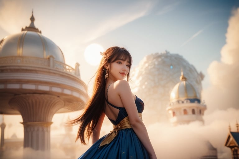 best quality, masterpiece, beautiful and aesthetic, 1 girl, very bright backlighting, solo, {beautiful and detailed eyes}, dazzling moonlight, calm expression, natural and soft light, hair blown by the breeze, delicate facial features, Blunt bangs, beautiful korean girl, eye smile, very small earrings, 16yo, film grain, looking towards me, eye level shot, turned towards me, realhands, shy smile, Realism, looking towards me, body towards me, fantasy landscape, Full length view, half body view, front shot, eye level shot, fantasy background, friendly setting, red and blue dress with gold oranments,  in a city on clouds, with  elegant buildings in the coulds, fantasy like buildings, fantays city in the clouds, living in the clouds, very subtle elegant buildings, ornamented buildings, in the clouds, world of warcraft, Dalaran, Darlaran style, moon arcs, domes, white gld blue dome roofs, a fantasy city in clouds, vivid and lively surroundings,  elegant buildings, sperated bulidings in the sky, moon arcs in the sky, calm and tranquil mood, magical atmosphere, a fairytale oasis filled with magic, houses, building, epic, scenery, living in the clouds, does not even exist, detailed building, subtle architecture, light coloured building, detailed ornaments, with elegant buildings in the coulds, fantays city in the clouds, 1 girl 