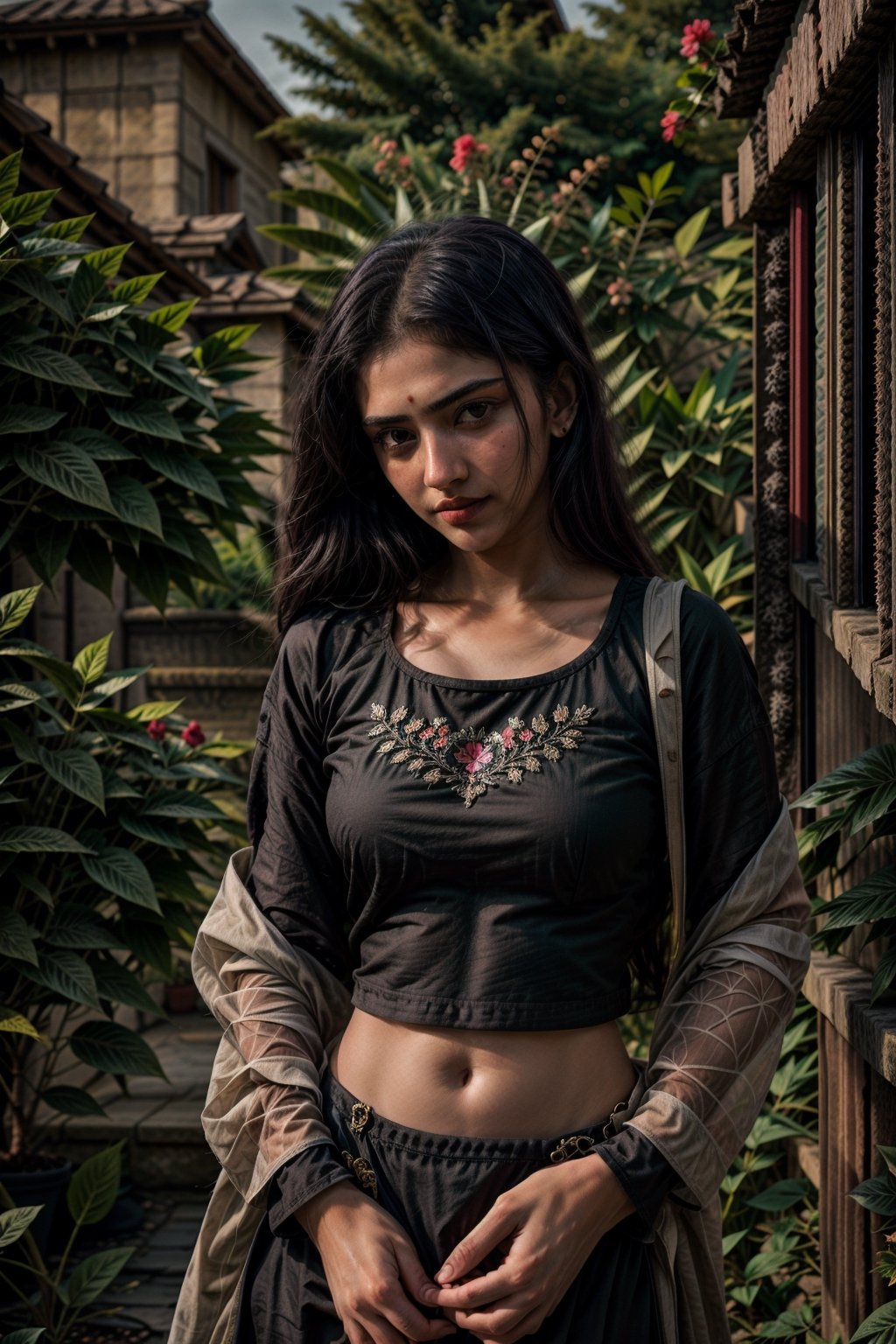 lovely cute young attractive teenage girl, village girl, 18 years old, cute, an Instagram model, long black_hair, colorful hair, winter, dacing, wear black top, stand up in garden , clean face,Penelope Reed 
,Raw Photo,Penelope Reed,portrait,anar88kali,Mallu ,<lora:659111690174031528:1.0>