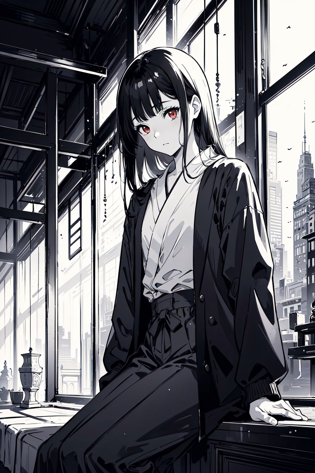 ((masterpiece, best quality)),(monochrome art),kaguya shinomiya,black hair hair,red eyes,professor outfit,Redayana, background in the tartarus,ballet,alone