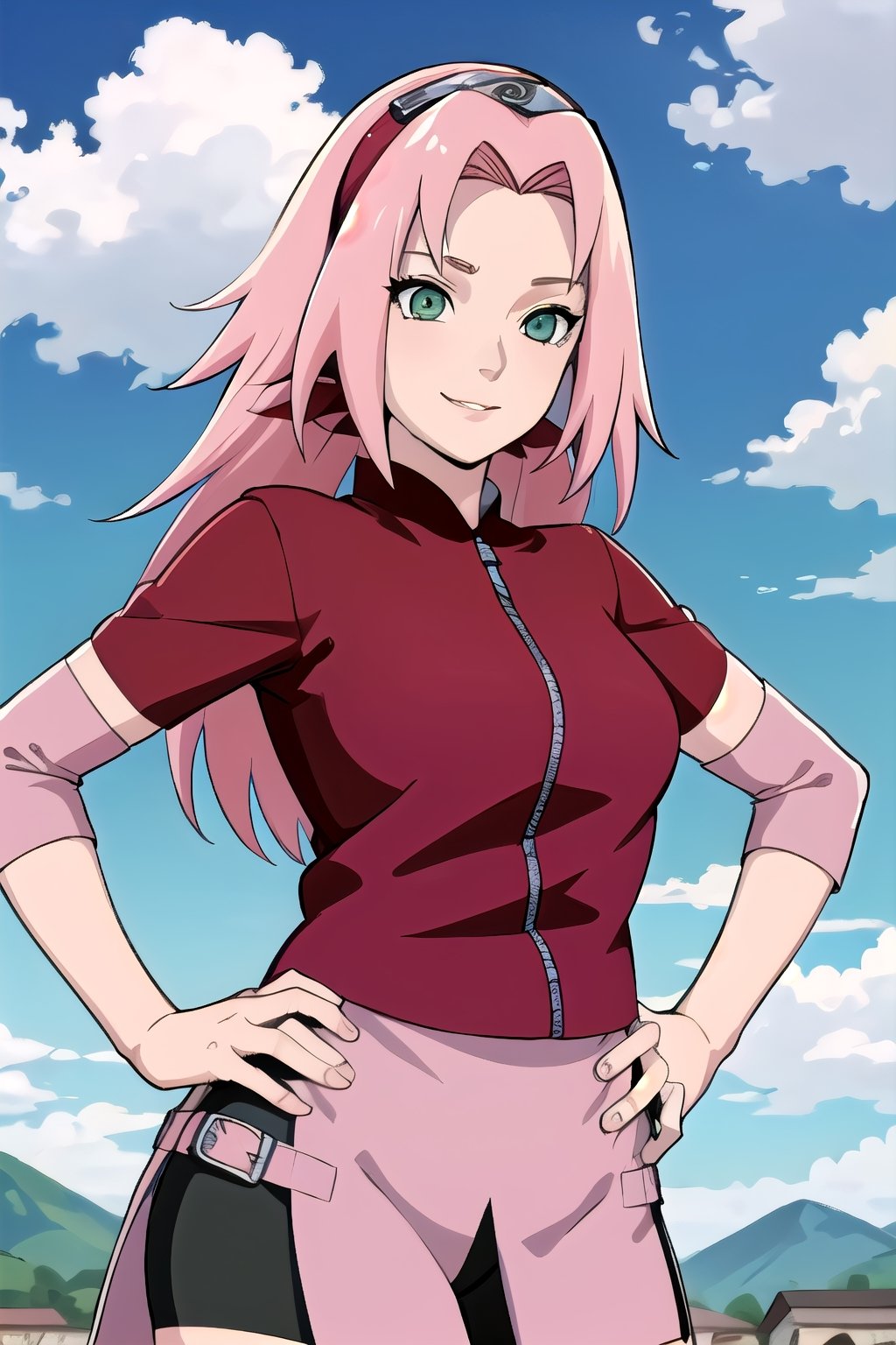 masterpiece, best quality, 1girl,haruno sakura, pink hair, long hair, green eyes, forehead protector, smile, hands on hips, blue sky, cloud, hidden village 