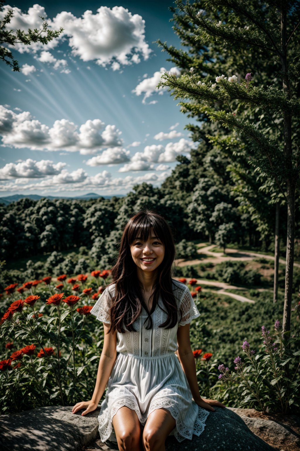 A boy and a girl are sitting on a hill, looking at the view. The boy is wearing a blue shirt and the girl is wearing a white dress. The sky is blue and there are white clouds. The trees are green and the flowers are red. The mood is peaceful and happy.

[boy, girl, sitting, hill, looking at view, blue shirt, white dress, blue sky, white clouds, green trees, red flowers, peaceful, happy], [anime, Makoto Shinkai, Hayao Miyazaki], [camera lens: 35mm, f/1.4, aperture: f/8, shutter speed: 1/125, ISO: 100, lighting: soft, colors: vibrant, effects: depth-of-field, texture: smooth, background: blurred, rendering: realistic]