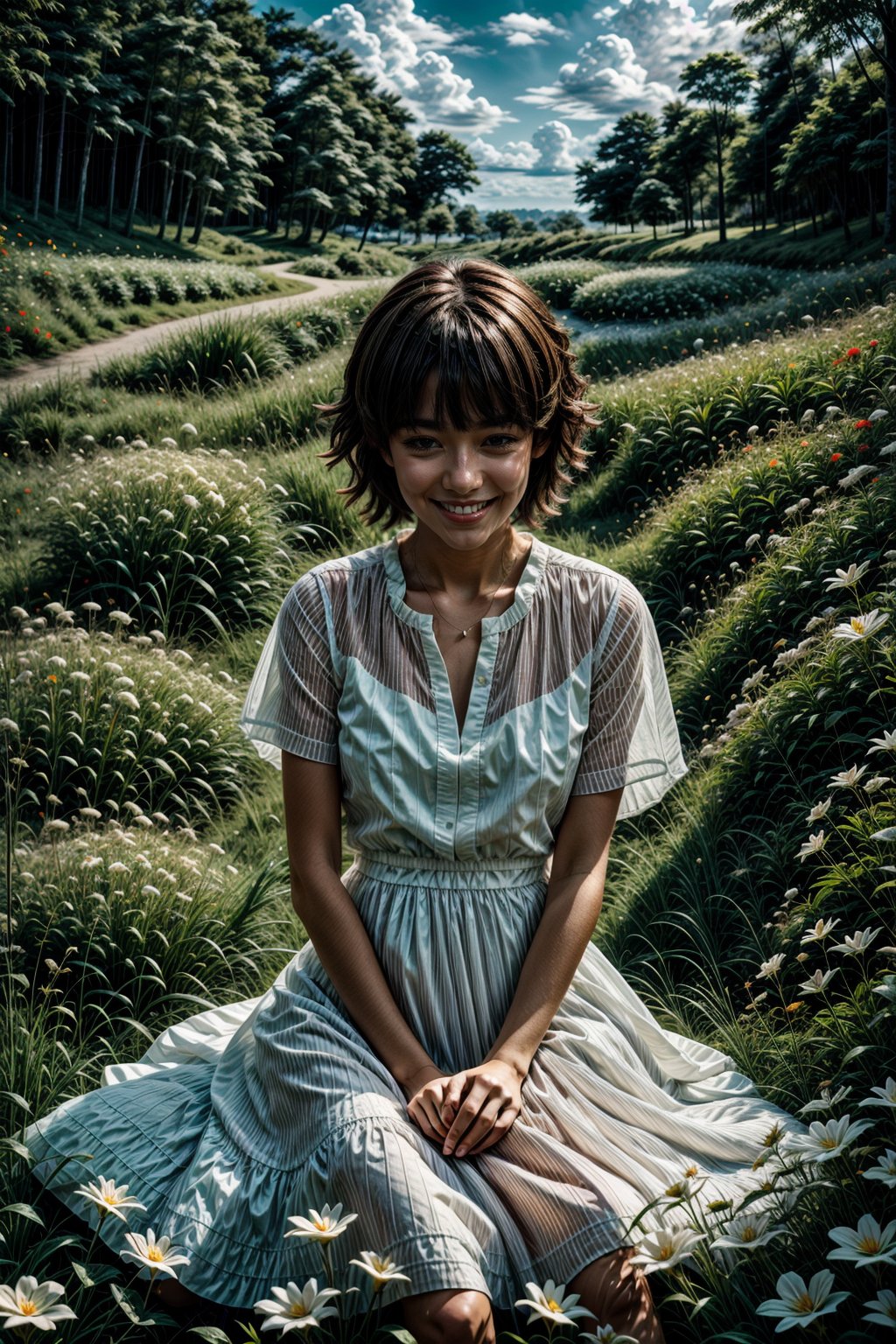 A boy and a girl are sitting on a hill, looking at the view. The boy is wearing a blue shirt and the girl is wearing a white dress. The sky is blue and there are white clouds. The trees are green and the flowers are red. The mood is peaceful and happy.

[boy, girl, sitting, hill, looking at view, blue shirt, white dress, blue sky, white clouds, green trees, red flowers, peaceful, happy], [anime, Makoto Shinkai, Hayao Miyazaki], [camera lens: 35mm, f/1.4, aperture: f/8, shutter speed: 1/125, ISO: 100, lighting: soft, colors: vibrant, effects: depth-of-field, texture: smooth, background: blurred, rendering: realistic],firefliesfireflies