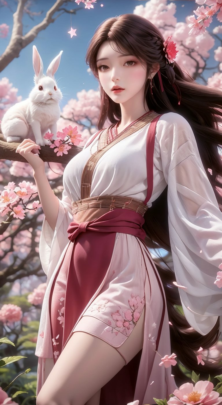 An animated image of a woman in a pink dress with long brown hair. The woman is standing on a branch with pink flowers. There is a white rabbit on the left side of the image. There are white stars in the sky behind the woman.