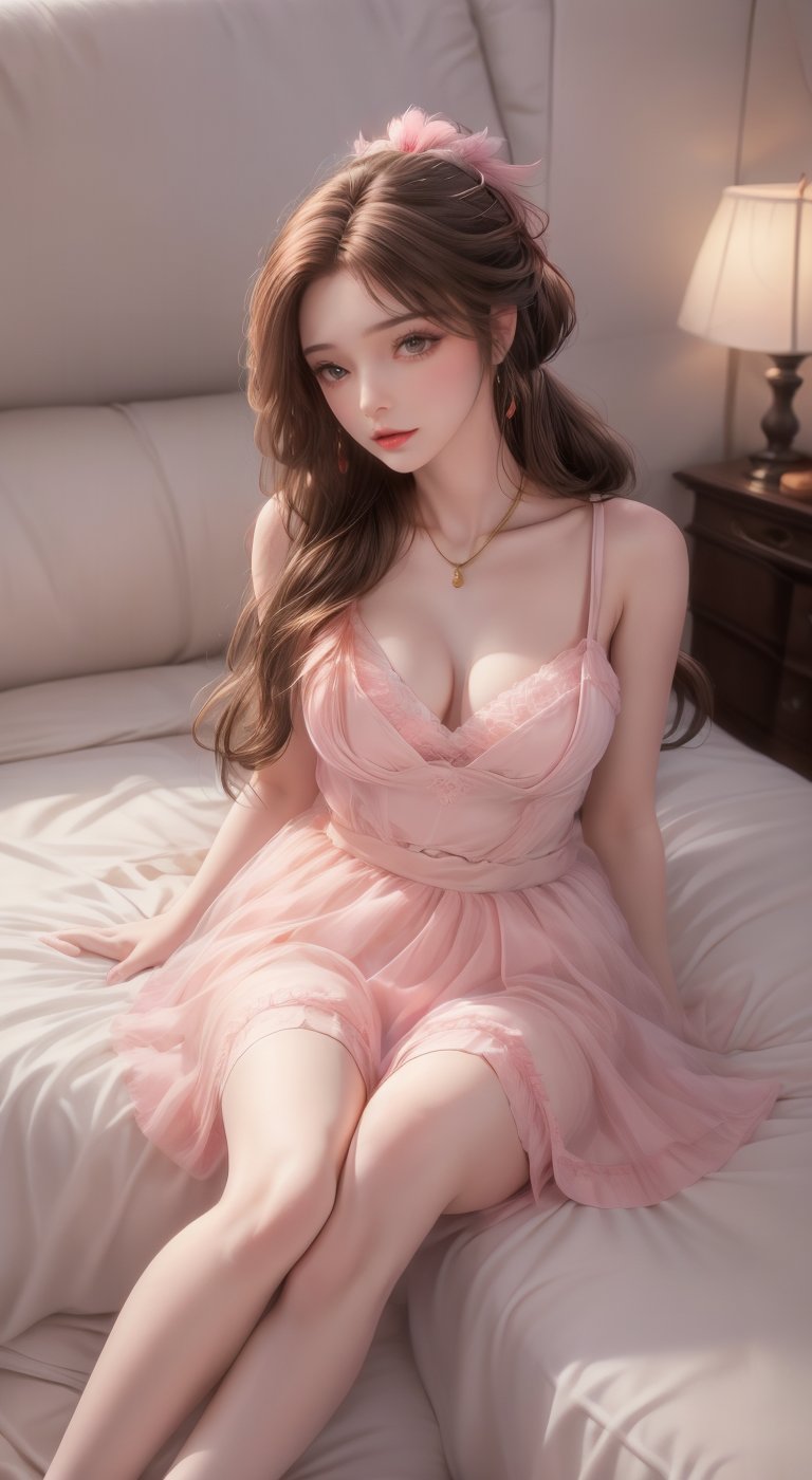 An animated image of a barbie doll with long brown hair and brown eyes. She is wearing a pink dress with a pink bow on her head. Her dress is adorned with pink feathers and a long white skirt. Her hair is pulled back in a ponytail and she is sitting on a red couch. To the left of her is a white dresser with a gold phone on top of it. There is a pink lamp on the right side of the image.