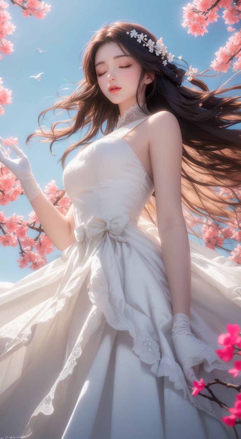 Captured from a low-angle perspective, a woman in a white dress, adorned with blue flowers, is floating in the air. Her long, dark hair cascades over her shoulders, adding a touch of beauty to the scene. Her dress is adorned with a white lace pattern, and her hands are adorned with white gloves. Her eyes are closed, and she is looking down at the ground. The background is a mix of blue and white flowers, with green leaves, stems, and branches. A white bird-like structure is visible in the bottom right corner of the frame.